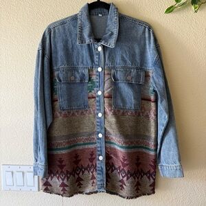 Denim & Aztec Pattern Oversized Patchwork Jacket - Teal, Maroon, Gray